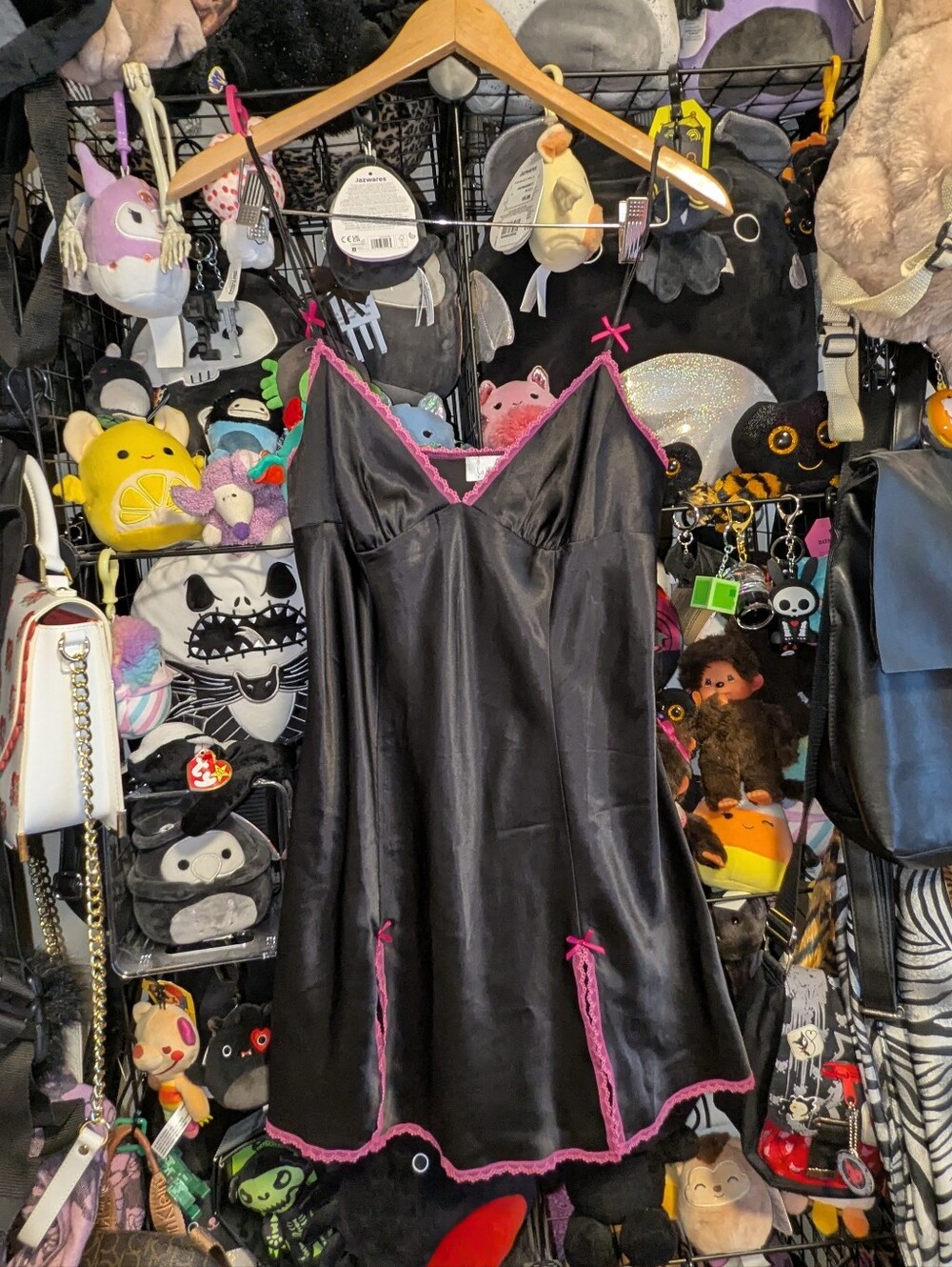 Vintage La Senza Black Satin Slip Dress Pink Lace Coquette Babydoll Y2K